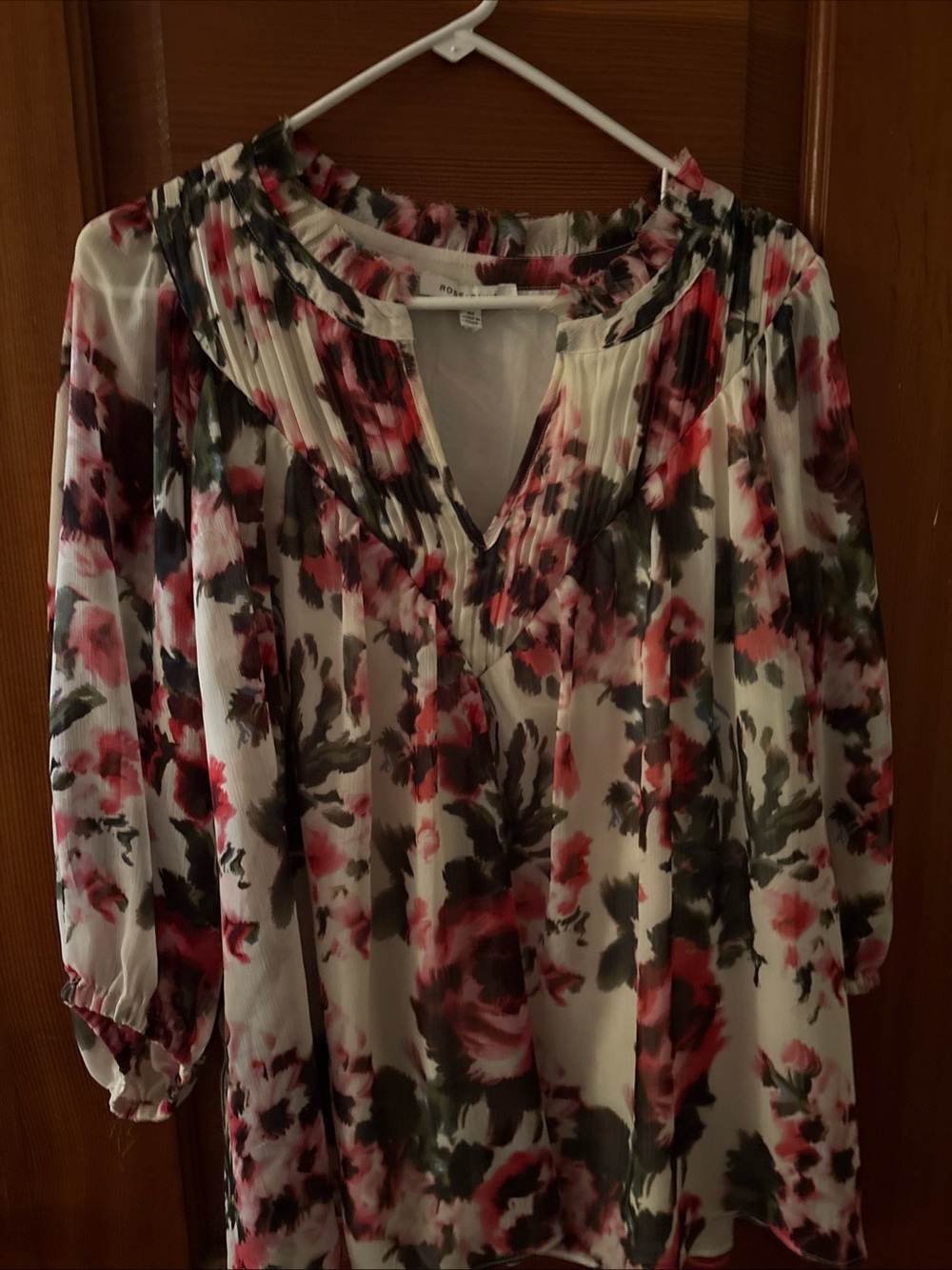 Rose & Olive White Floral V-Neck Blouse with Pink & Black Blooms